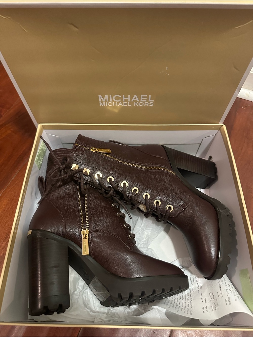 Michael Kors Brown Leather Lace-Up Heeled Combat Boots